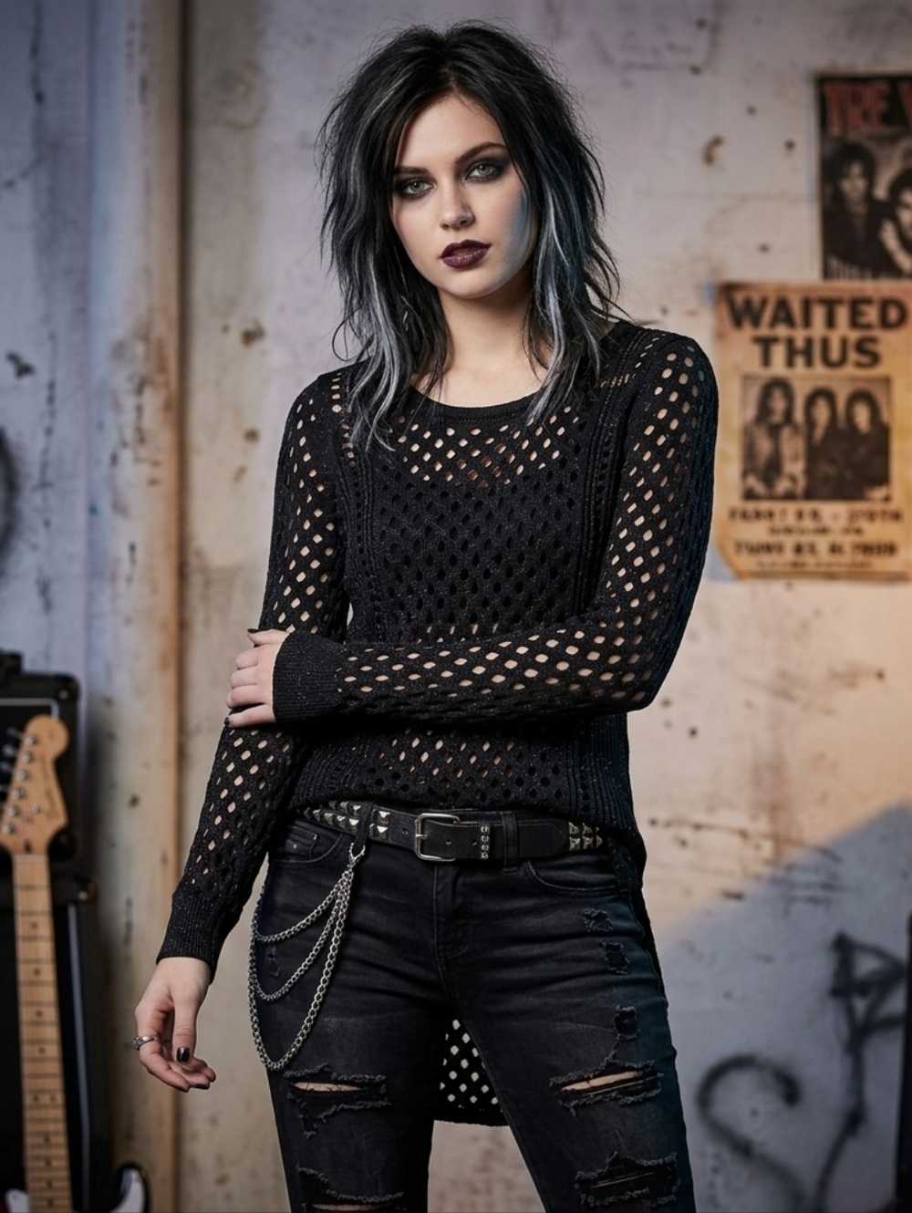 ROCK & REPUBLIC Black Metallic Open Knit Sweater Womens Small Long Sleeve Goth